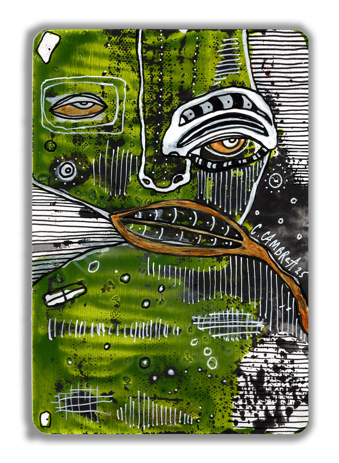 "A King V1" original mixed media art on a playing card by C. Cambrea, full view of abstract pareidolia artwork