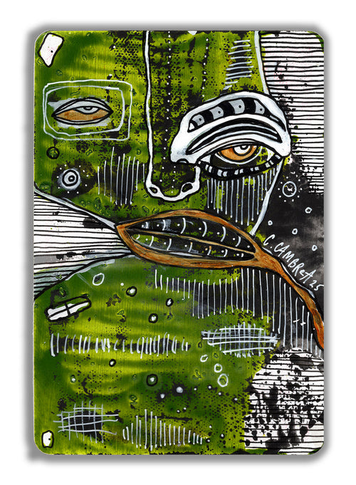 "A King V1" original mixed media art on a playing card by C. Cambrea, full view of abstract pareidolia artwork