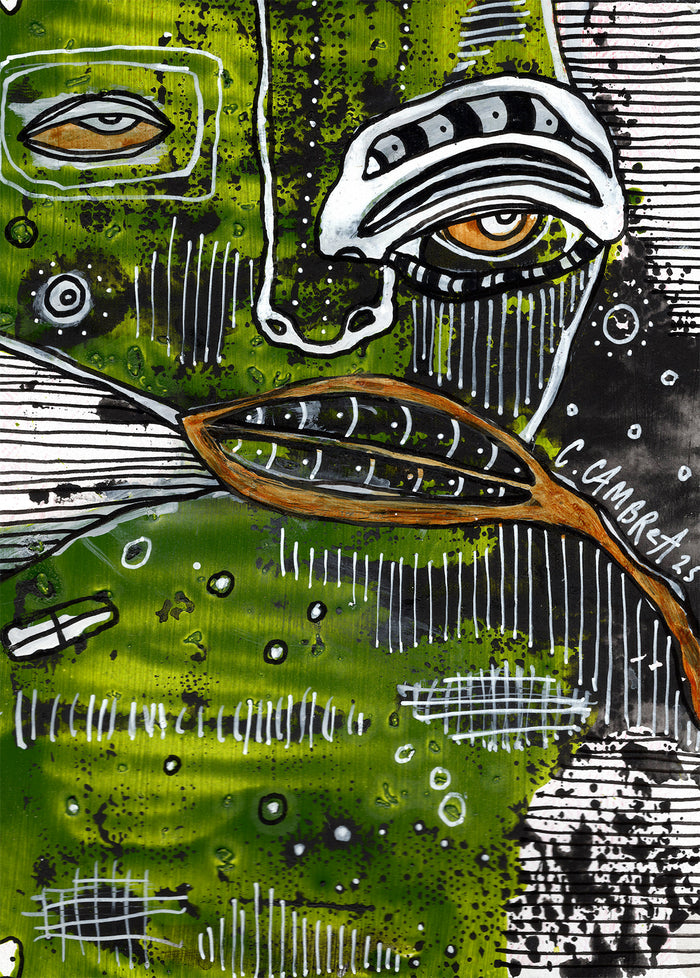 Close-up detail of "A King V1" original mixed media art on a playing card, hidden face and creature pareidolia detail