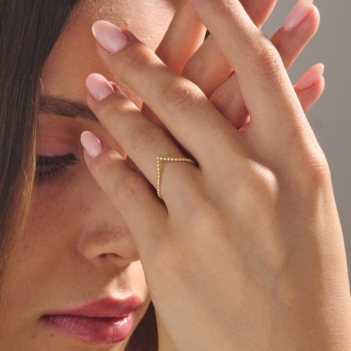 14K Solid Gold Beaded Wishbone Curve Stacking Ring