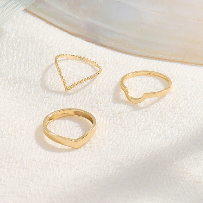 Ultra Thin 14K Real Gold Beaded Chevron Curve Ring