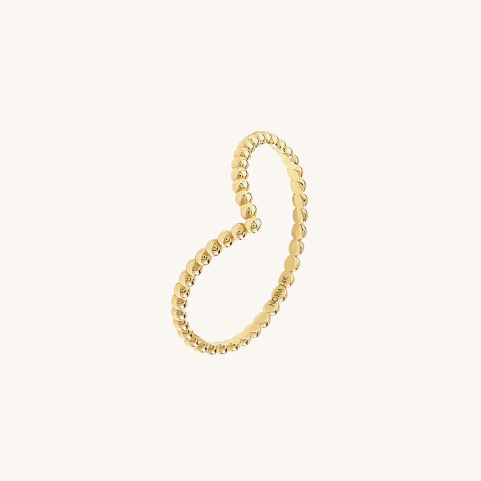 Ultra Thin 14K Real Yellow Gold Beaded Chevron Curve Ring