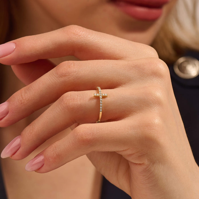 14k Gold Minimalist Pave Cross Ring for Women