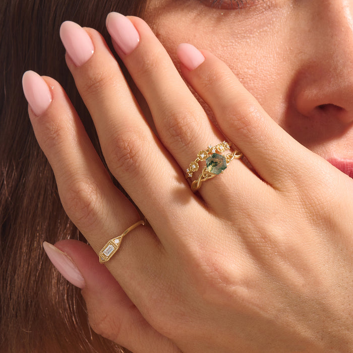Designer's Diamond Flower Curved Stacking Ring in 14k Real Yellow Gold