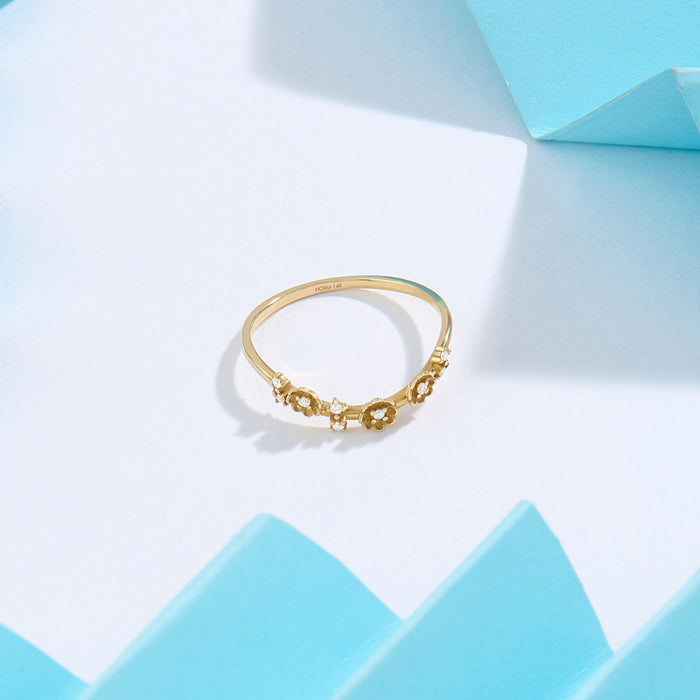 Designer's Diamond Flower Curved Stacking Ring in 14k Solid Yellow  Gold