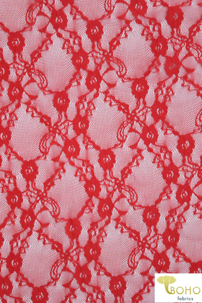 "Diamond Flowers" in Deep Coral. Stretch Lace. SL-110-CRL. - Boho Fabrics