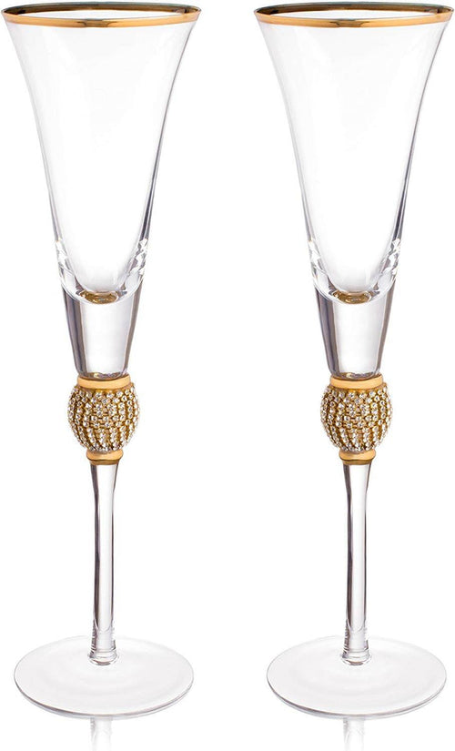 "DIAMOND" Studded Toasting Glasses With Gold Rim - Long Stem - EK CHIC HOME
