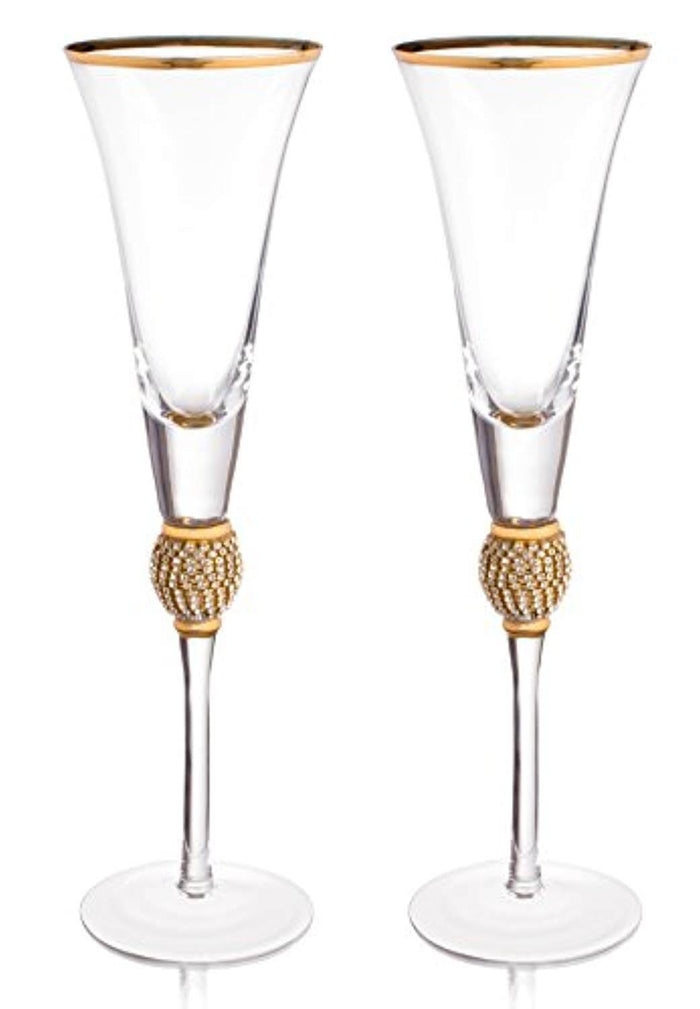 "DIAMOND" Studded Toasting Glasses With Gold Rim - Long Stem - EK CHIC HOME