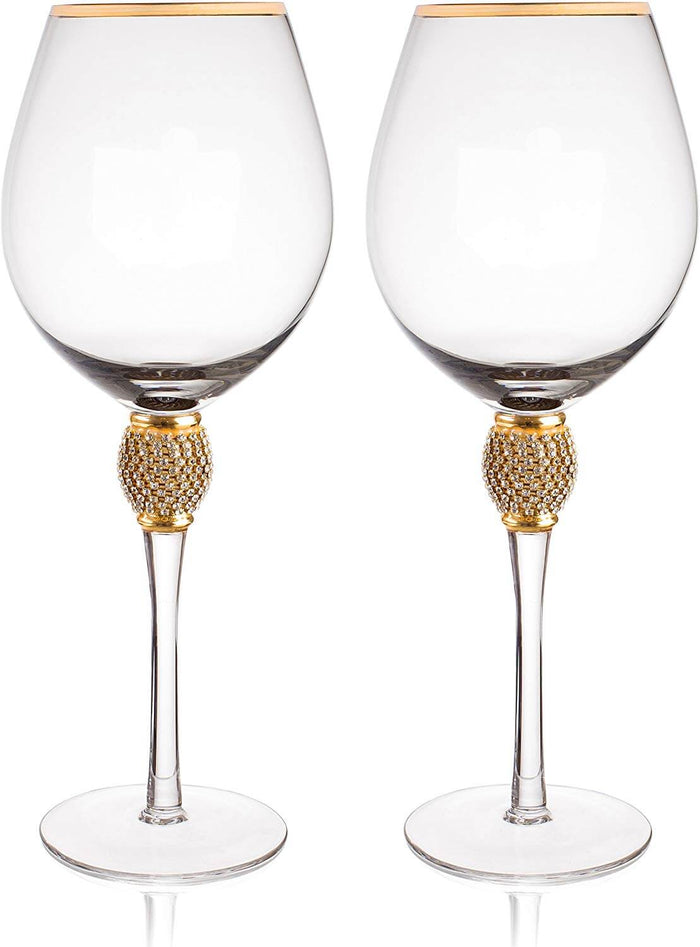 "DIAMOND" Studded Toasting Glasses With Gold Rim - Long Stem - EK CHIC HOME