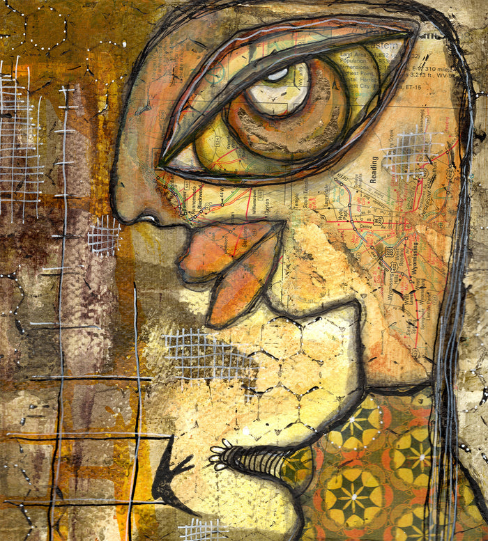 "Golden Moon" Original Mixed Media Collage Art on Watercolor Paper — detail view