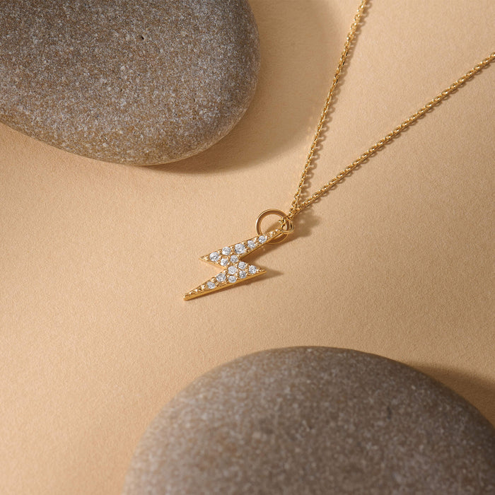 Lightning Design Paved Necklace in 14K Real Yellow Gold