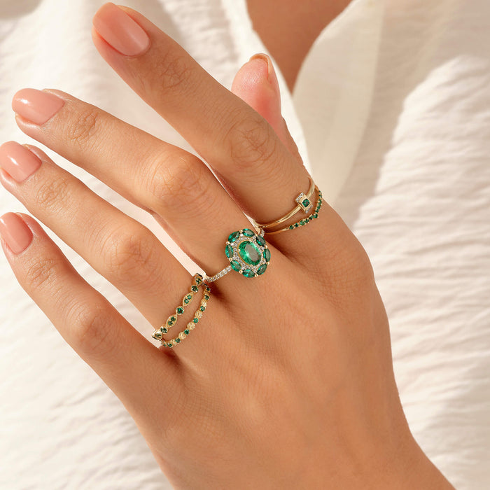 Minimalist Curve Ring Paved with Emerald CZ in 14k Real Yellow Gold