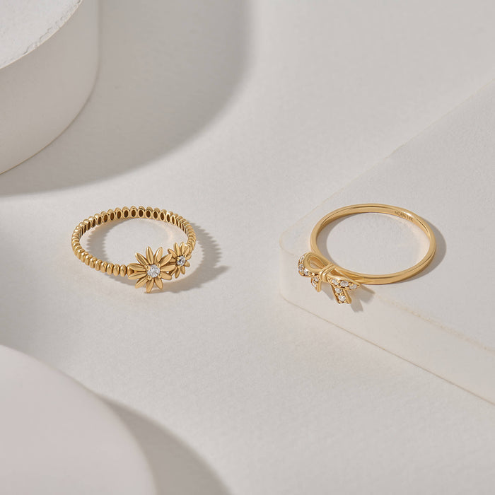 Pave Ribbon Ring and Daisy Ring in 14K Solid Gold