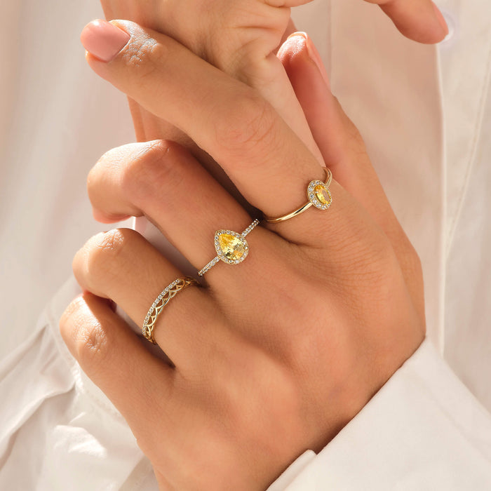 14k Solid Gold Pear Citrine Halo Engagement Ring