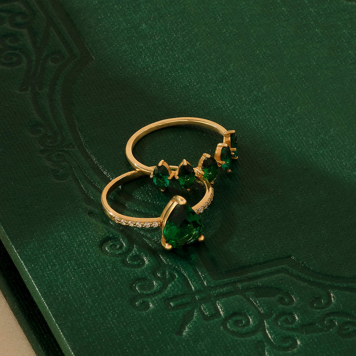 14K Real Yellow Gold Emerald Engagement Ring, Pear Cut Lab-Grown Emerald