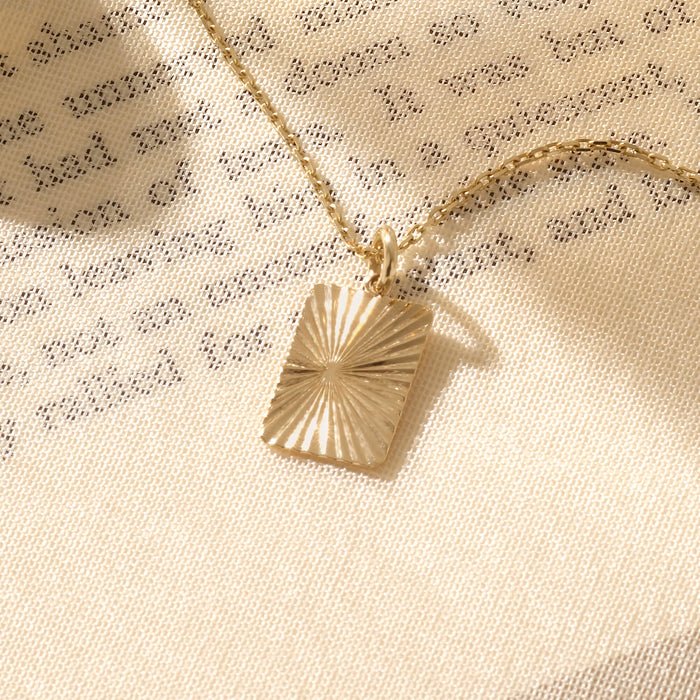 Sun Ray Engraved Rectangle Layer Necklace 14k Real Gold