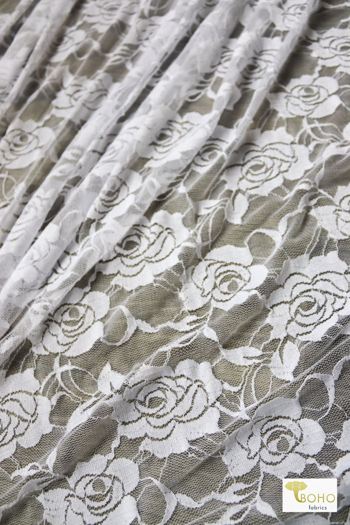 Rose Dream in White. Stretch Lace Knit. SL-121-WHT - Boho Fabrics