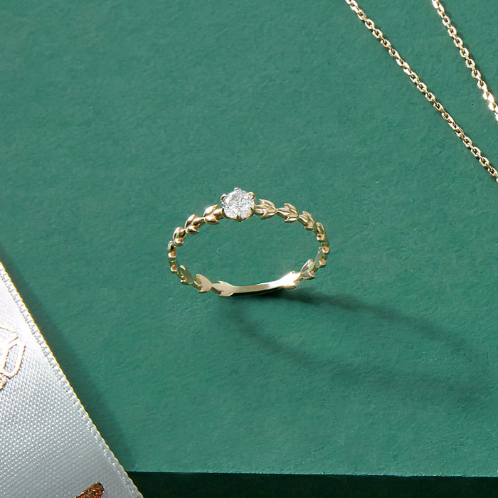Solitaire Olive Leaf Stacking Ring in 14k Real Yellow Gold